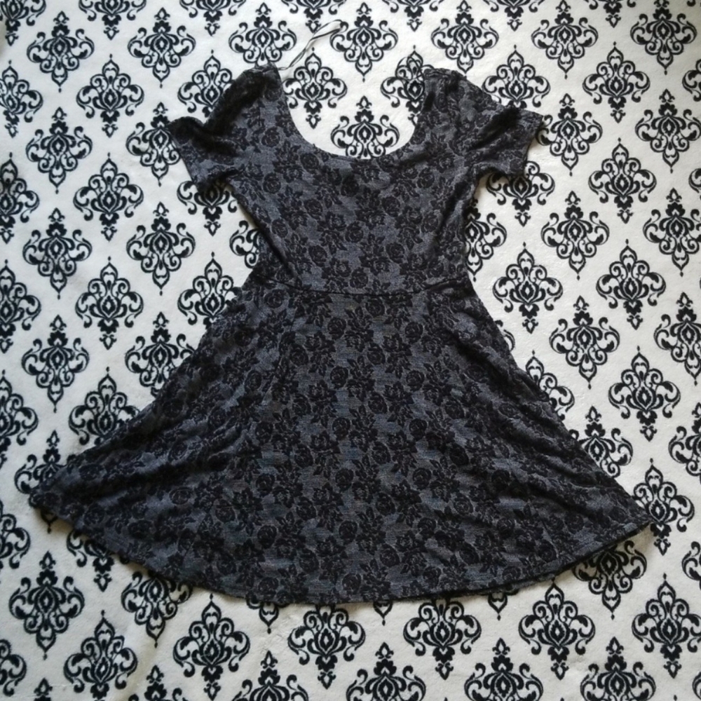 H&M dark grey skater dress with black floral print